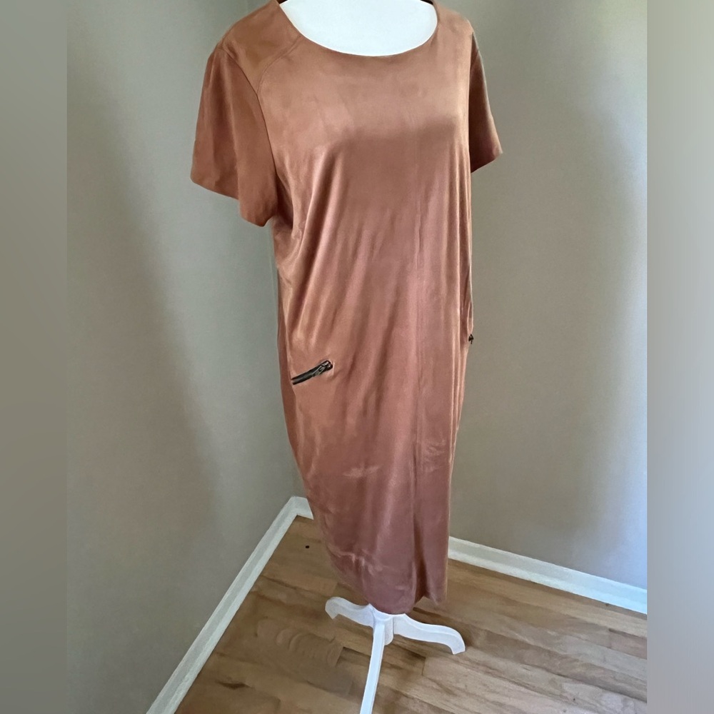 Brown Suede like material dress with cute zipper pocket accents